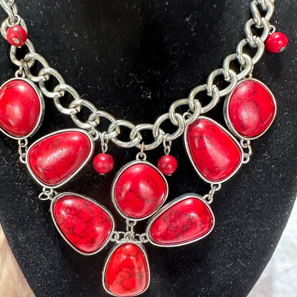 Silver Tone Red Statement Necklace - image 5